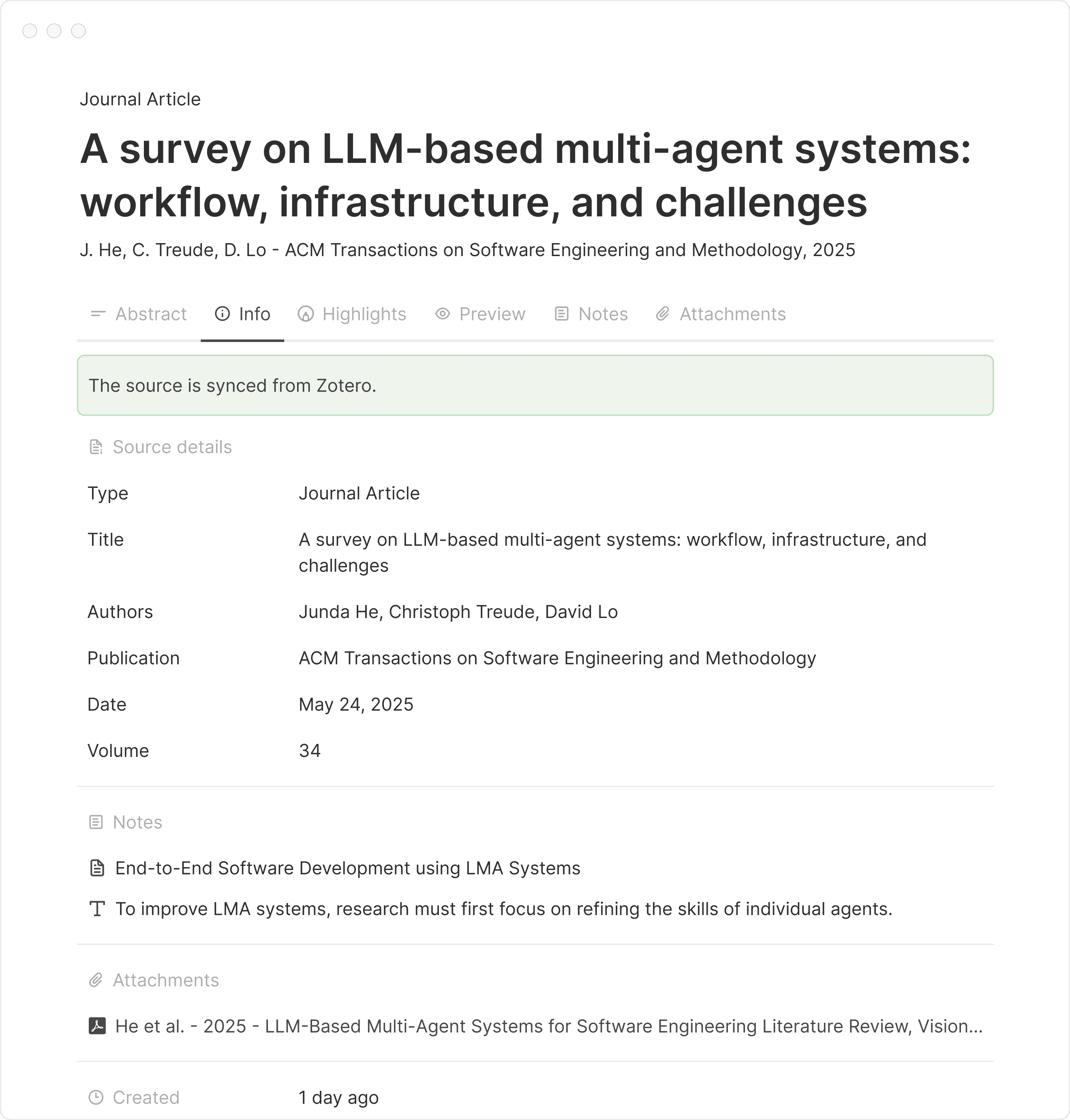 Zotero source card with article details
