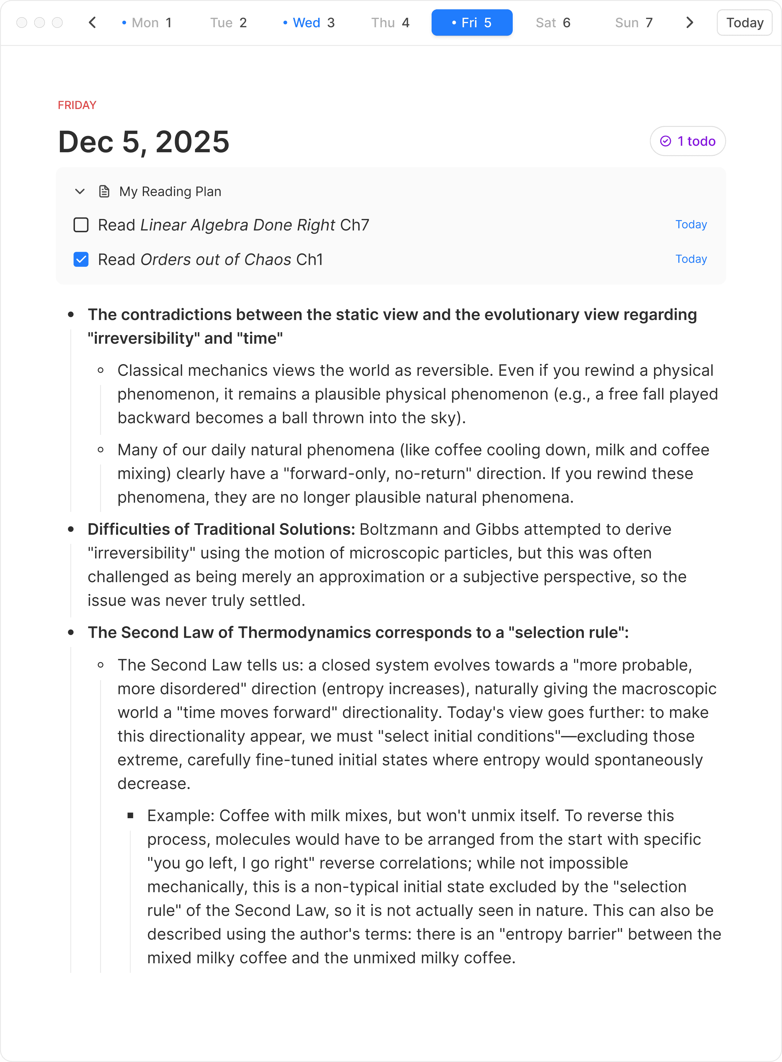 Daily journals view with calendar and todos